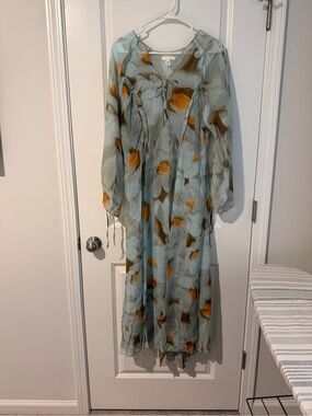 H&M Light Sage Floral Tie-Front Maxi Dress with Burnt Orange Accents